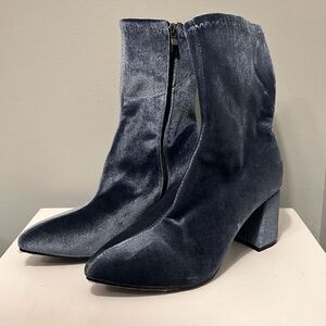 Women's Blue Velvet Block Heel Side Zip Pointed Toe Ankle Boots Size 40